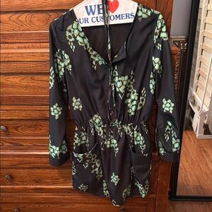 Floral Navy and Green Long Sleeve Belted Dress